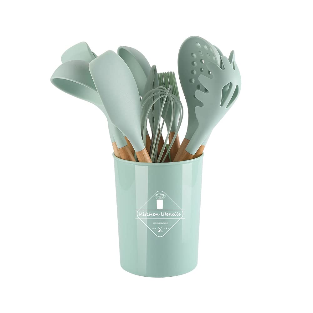 FUYTERY 11 Pcs Kitchen Silicone Cooking Utensil Heat Resistant Stainless Steel Cookware Spoon Shovel Set (Light Green)