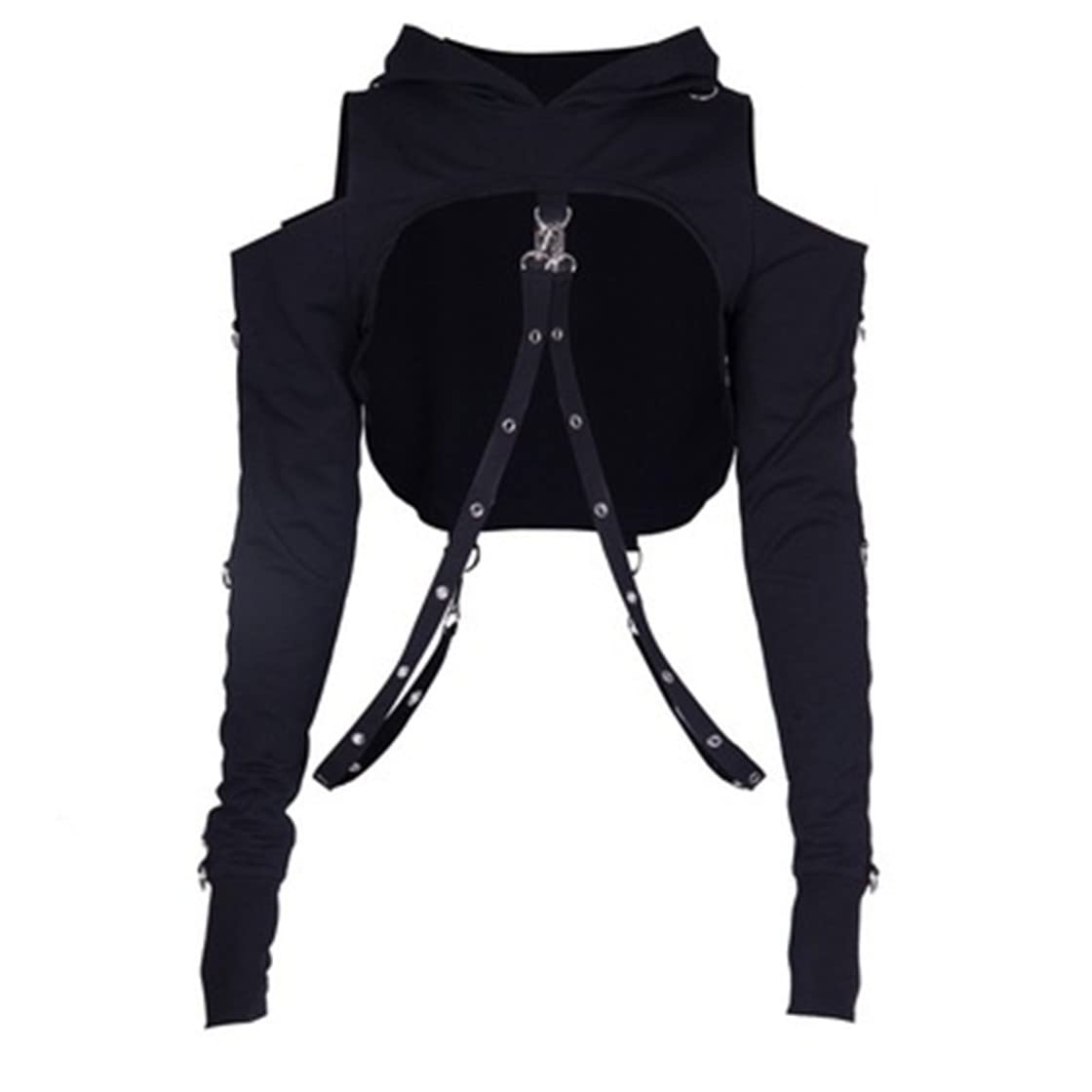 Photo 1 of Women Gothic Punk Hoodies Bandage Crop Tops Long Sleeve Off Shoulder Pullover Sweatshirt for Rave Festivals Streetwear