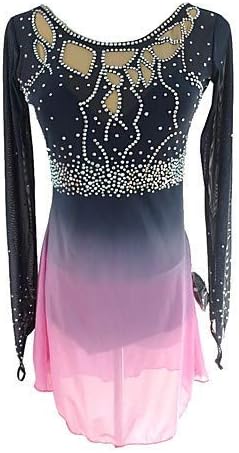 LINGXU Figure Skating Dress for Women and Girls, Handmade Ice Skating Competition Professional Costume with Long Sleeved Black Pink Roller Skate Dress