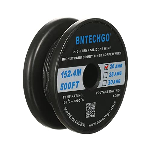 BNTECHGO Bobina de alambre de silicona de calibre 26 de 500 pies, color negro, flexible, 26 AWG, alambre de cobre estañado trenzado