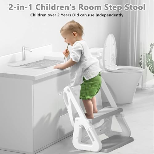 ZERIFAM Potty Training Seat 2 in 1, Children's Toilet Seat with Steps, Ultimate Stability Toddler Toilet Seat, Foldable Adjustable, For Kids Boys Girls Toddlers Potty Chair with PVC Cushion (Grey)