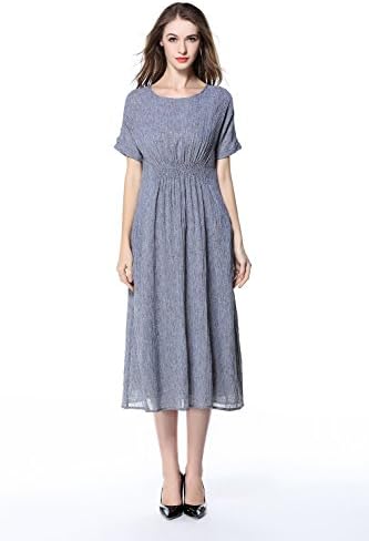 Women Summer Cotton Clothing Round Neck Dress Casual Dress Loose Short Sleeve Cotton Linen Dress Maxiskit Skirt (12, Lividity)
