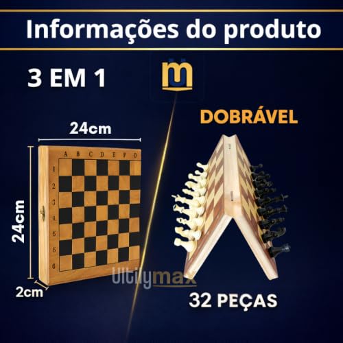 Jogo de xadrez Magnético 3 em 1, Damas e gamão em madeira, Tabuleiro Dobrável 24x24 cm, Peças de Resina, Estilo Estojo Clássico Profissional