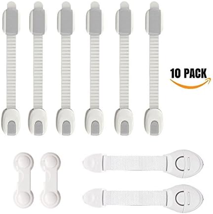 Child Safety Locks 10 Pcs Straps Adjustable Size/Flexible -Adhesive Furniture Latches For Baby Proofing Cabinets, Drawers, Appliances, Toilet Seat, Fridge, Oven