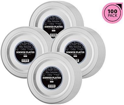 Elite Selection Pack Of 100 Dinner Disposable Party Plastic Plates White Color With Silver Rim 10.25-Inch