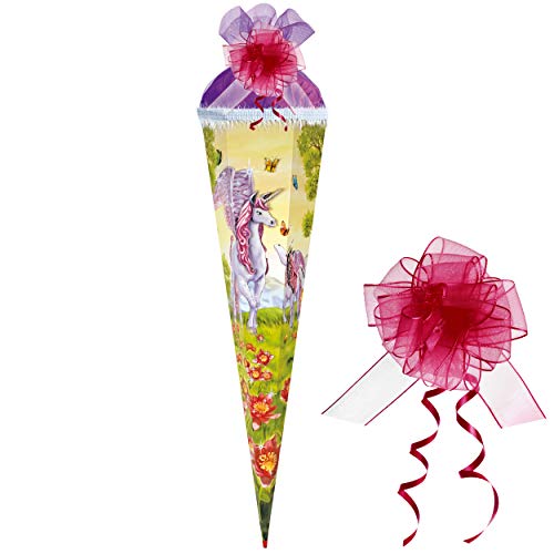 10 Stück Schultüten - Einhorn - Pegasus/Pferd Unicorn - 50 cm - rund - incl. Schleife - mit Tüllabschluß - Zuckertüte…