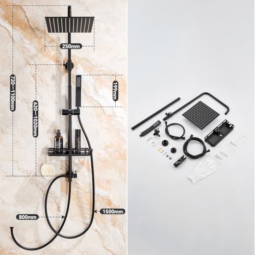 Auralum Columna Ducha Sin Grifo, Rociador de Ducha 25x25cm Acero Inoxidable 304, Alcachofa Ajustable y Estante Sin Taladro, Barra Ducha 62-102cm Compatible Orificios Existentes para Bañera, Negro