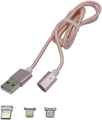 3 in 1 Magnetic Cable Lightning USB Data and Charging Lines Micro USB Type-C Apple Device For iPhone For IOS &amp;Android System 3 Adapters With 1 Holder 2A High Speed Charging Nylon Braided (Pink ) 3.2Ft