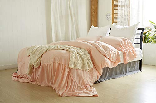 Moowoo Vintage Farmhouse Bedding, 3 Pieces Ruffle Duvet Cover Set 100% Washed Cotton Romantic Mermaid Tail French Country Style Duvet Cover with Ties (Pink, Queen) - Thumbnail 7