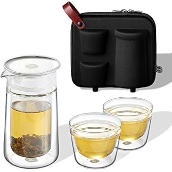 ZENS Travel Tea Set,Glass Portable Teapot Infuser Set for Loose Tea,160ml Double Wall Tea Pot and 2 Teacup with Eva Case for Travel Picnic or Gift,Black
