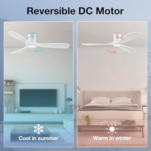 52” Smart Wood Ceiling Fans with Lights Remote,Low Profile Flush Mount Ceiling Fan with Alexa App Control,3 White Blades,Outdoor Indoor Use for Modern Bedroom Patio,Dimmable LED,6-speed,Quiet DC Motor