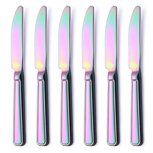 Rainbow Dinner Knife Set 6 Piece Stainless Steel Cutlery Table Knives Heavy Weight Sturdy Thick Forged Handle Silverware Flatware Eating Utensils Colourful 9.2 Inch Dishwasher Safe