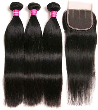 Brazilian Straight Hair With Closure 3 Bundles Unprocessed Virgin Human Hair Bundles With Lace Closure Three Part Hair Extensions Natural Color（16 18 20+14）