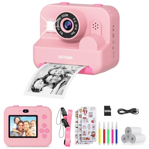 ASTGMI Children's Instant Camera, 2.4 Inch 1080P Children's Selfie Camera with Printing Paper and 32GB Card, Toy Christmas Gift Boy and Girl 3 4 5 6 7 8 Years (Pink)