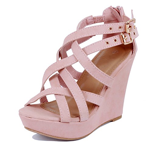 Guilty Shoes Womens Gladiator Buckles High Heel Platform Sandals Sandals, Blush Pu, 6