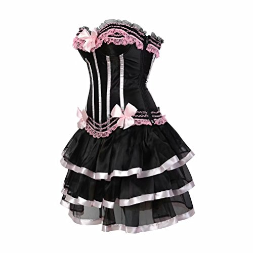 Corsetto-Abito-Striscia-Pizzo-Fiori-Bustino-con-Gonna-Tutu-Barocco-Intimo-Elegante-Burlesque-Donna