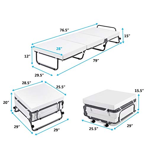 Folding Ottoman Mattress Convertible Sofa Bed with Casters Lounge Sleeper Polyester Fabric Surface (White)