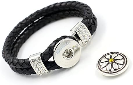 Simple Ever Black Color Leather and Rhinestones Snap Bracelets Fit for 18mm-20mm Snap Button Charms Pack of 2