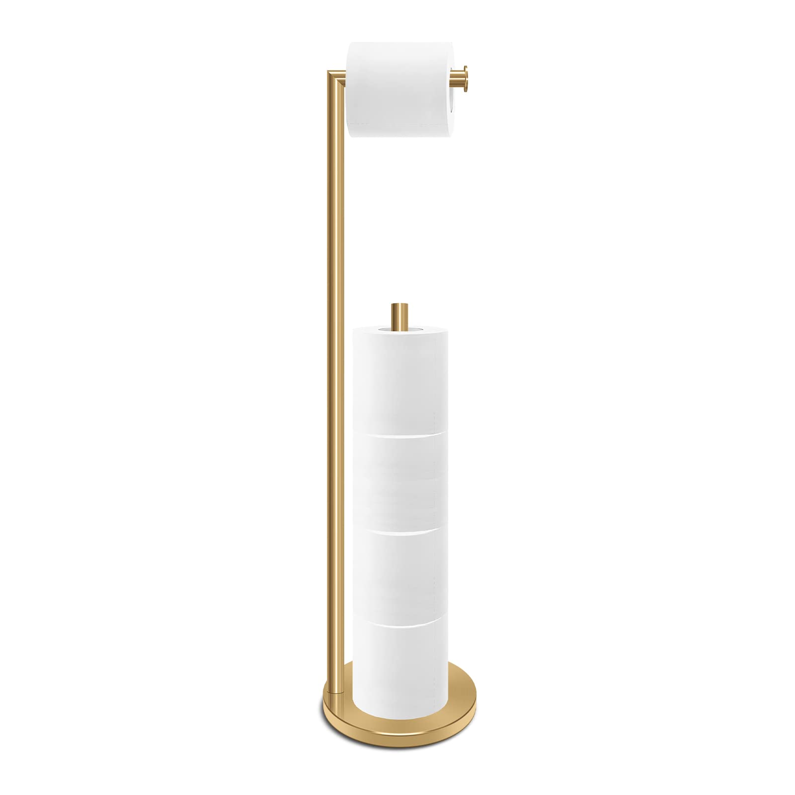 Photo 1 of RRM Toilet Paper Holder Stand, Bathroom Free Standing Toilet Paper Holder with Reserve Storage 3-4 Toilet Paper Rolls, Double Rod 26.4-inch Stainless Steel Toilet Paper Storage (Golden)