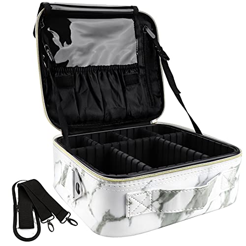 Oewoer Travel Makeup Bag 10.4 Inches Portable Makeup Train Case Cosmetic Bag Organizer with Adjustable Dividers and Shoulder Strap for Cosmetics Brushes Toiletry Jewelry Digital Accessories (Marble)