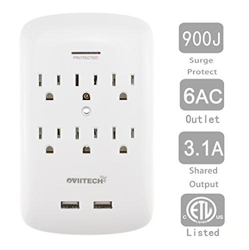Multi Outlets,6 Wall Mount Surge Protector Adapter with Dual 3.1A USB Charging Ports,Oviitech Multi Plug Outlets,6 AC Socket Outlet Plugs,900 Joules Surge