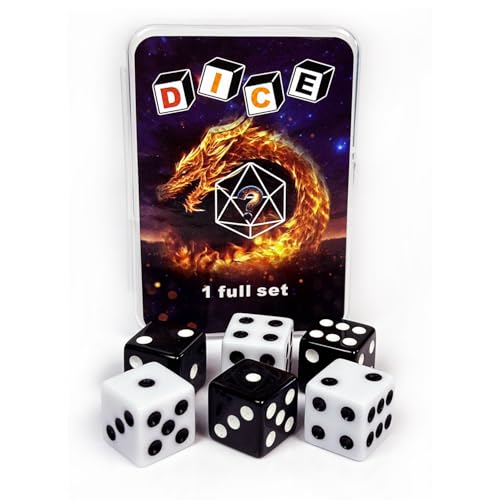 HAOMEJA 6 Pcs 16mm White & Black Dice Set - Standard Opaque D6 Game Dice for Board Games, DND, RPG, Yahtzee, Math Teaching - Classic 6-Sided Dice with Easy-Read Pips, Party Gifts (White 3 & Black 3)