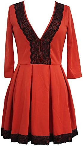 SextyHome Lady Ball Gown Temperament Of 9 minutes Of Sleeve Deep V-neck Lace Dress Clothes(Red)