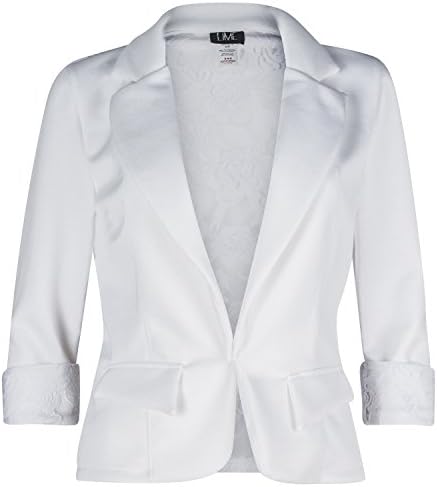 Contenta Women's 3/4 Sleeve Blazer With Sexy Lace Back and Cuffs. Great Dressy Jacket (Small, White)