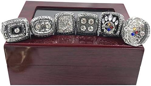 Gloral HIF 6Pcs Pittsburgh Steelers Championship Rings Super Bowl Rings Collectible Silver with Display Wooden Box