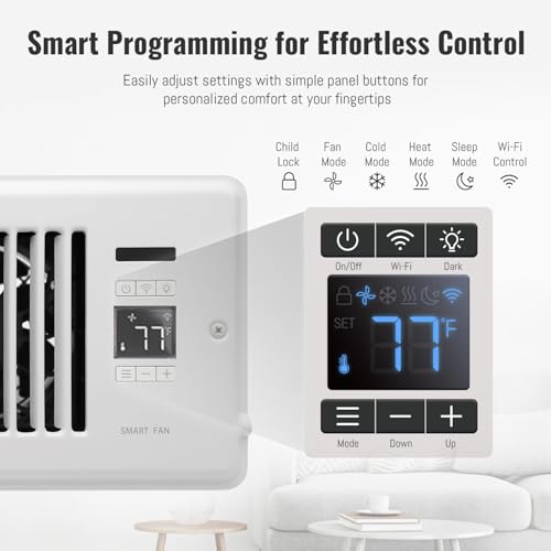 SANYCASA Register Booster Fan for 4" x 10" Register Holes, Super Quiet Vent Fan Booster with Intelligent Thermostat, Improves Heating & Cooling Vents, App Control, 10-Speeds, White