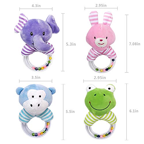 GRACEON Baby Soft Plush Stuffed Animal Rattles - Baby Toys for 3, 6, 9, 12 Months Newborn Gift，Infant Developmental Hand Grip Baby Toys, (4 Pack) - Thumbnail 5