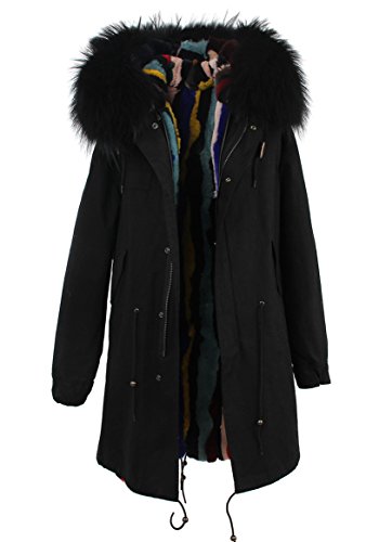 Women's Army Green Large Raccoon Fur Collar Hooded Long Coat Parkas Outwear Rabbit Fur Lining Winter Jacket (Small, Black Multicolor)