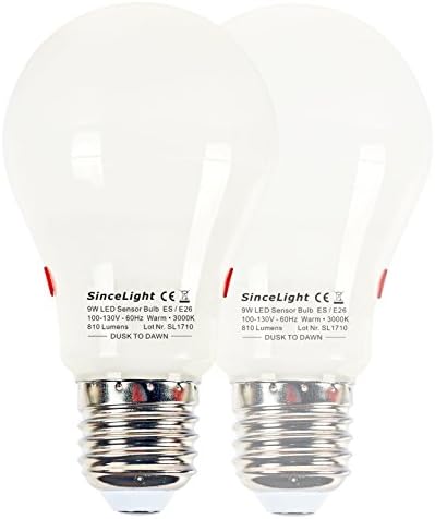 Dusk To Dawn LED Sensor Light Bulb With Dual DayLight Sensors(Night Light,Suitable For Outdoors,NOT Motion Detector),ON/OFF Automatic,9 Watt Warm White (3000K) E26 Edison Screw, 80W Equivalent,2 Pack