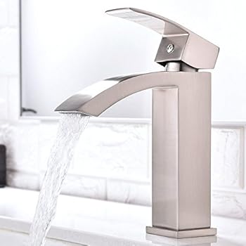 Friho Single Handle Waterfall Bathroom Vanity Sink Faucet with Extra Large Rectangular Spout, Brushed Nickel