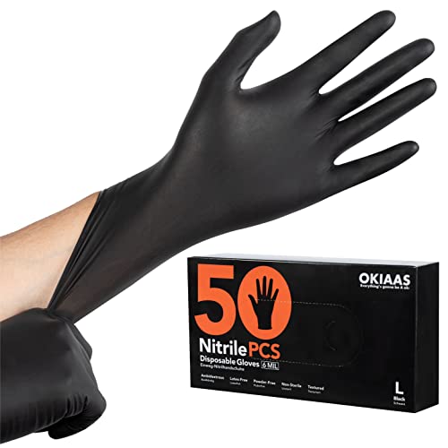 OKIAAS Black Nitrile Gloves Disposable Latex Free, 6 Mil, Fully Textured, Extra Thick Strong, Food Safe, for Cooking, Tattoo, Painting, Automotive, Mechanics, Large, 50 Count