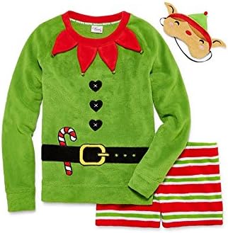 Secret Santa Juniors Fleece Elf Pajama Set with Eye Mask, Green (Large)