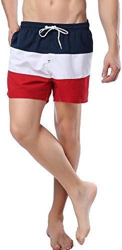 SHDAS Men's Board Shorts Color Block Quick Dry Swim Trunks Stripes Navy/White/Red Size Medium