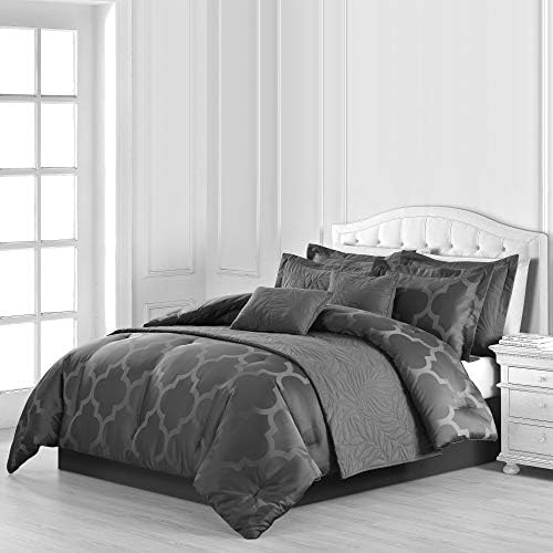 Comfy Bedding Lantern Jacquard Microfiber 8-Piece Comforter and Coverlet Set (Grey, Queen 8-Piece)