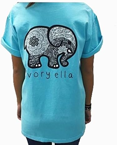NATAY Womens Summer Elephant Print Short Sleeve T Shirt Casual Letters Print O-Neck Top Tees (Blue, US S/Tag M)
