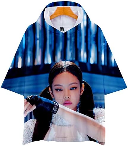 T-Shirts 3D Print Hooded Blackpink Graphics Short Sleeve Tees Pullover with Big Pockets for Mens Womens