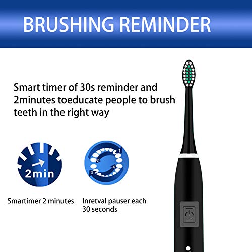 Electric Toothbrush Clean as Dentist Rechargeable Sonic Toothbrush with Smart Timer 4 Hours Charge Minimum 30 Days Use 9 Optional Modes Whitening Toothbrushes for Adults with 3 Brush Heads Black