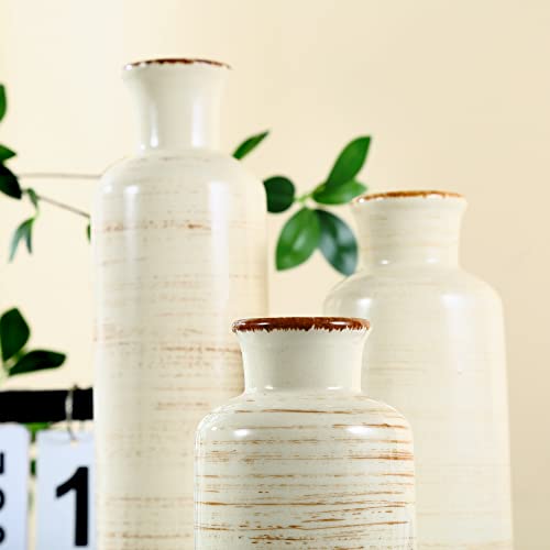 Ceramic Flower Vases Set of 3 for Home Decor Rustic Ideal Shelf Decor Table Décor, Small White Ceramic Vase for Flowers, Neutral Cream Vases Home Decor(Beige)