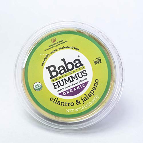 Baba Small Batch Organic Hummus (8 oz) - Zero Preservatives, USDA Organic, Gluten Free, Vegan, Non-GMO, Cholesterol Free (Cilantro & Jalapeno Hummus) (Best Hummus In Los Angeles)