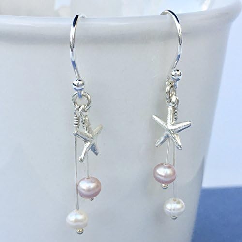 Bridal Pink White Freshwater Pearls Hook Earrings Starfish Charm Sterling Silver Gift Idea For Women