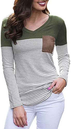 Feager Womens Casual Long Sleeve Color Block Striped T Shirts Blouse Tops with Pocket