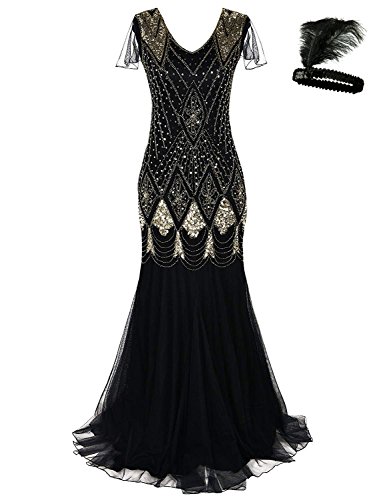 Women 1920s Flapper Cocktail Maxi Long Gatsby Evening Dress Mermaid Formal Gown (Black/Gold, S)