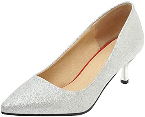 SHOWHOW Women's Stylish Pointed Toe Kitten Heels Low Top Slip On Wedding Shoes Silver 8.5 B(M) US