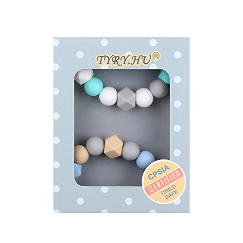 TYRY.HU Silicone Pacifier Clips(2 Pack), Modern Binky Holder Chains with Teething Beads for Boys Girls Baby Shower Gift, Universal Fit MAM, Philips Avent Soothie Pacifiers, Teether Toys(Blue,Green)