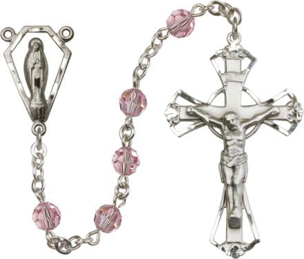 Praying Madonna Light Rose 6mm Swarovski Crystal Beads Sterling Silver Rosary By Bliss Manufacturing
