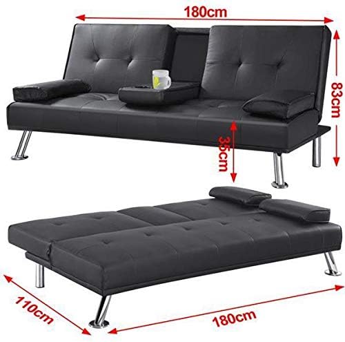 Yaheetech Click Clack Sofa Bed Faux Leather 3 Seater Sofa Couch Living Room/Spare Room/Guest Room Bed Settee With Cup Holders Black - Image 3
